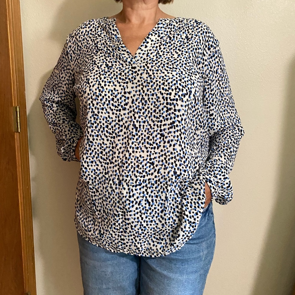 Women's Long-Sleeve V-Neck Printed Blouse - Blue/Black on White